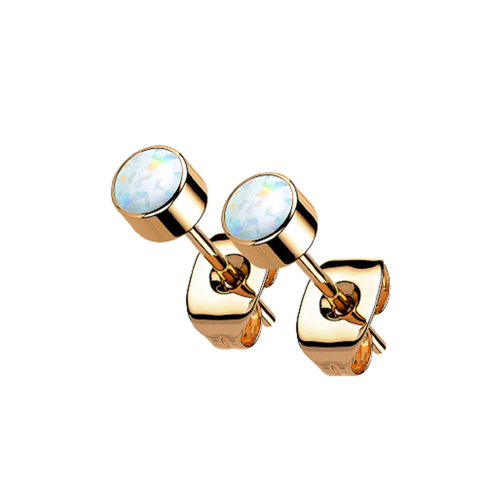 Round Synthetic Opal Bezel Set Stud Earrings - G23 Implant Grade Titanium