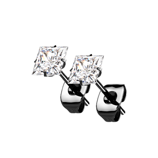 Prong Set Square CZ Crystal Stud Earrings - G23 Implant Grade Titanium - Pair