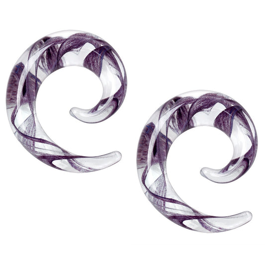 Swirling Purple Ribbon inside Glass Spiral Taper Plugs - Pair