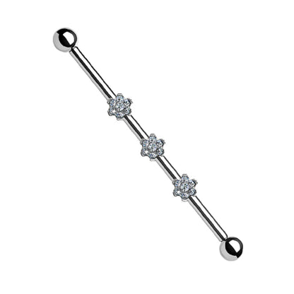 Internally Threaded CZ Crystal Flowers Industrial Barbell - G23 Implant Grade Titanium