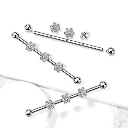 Internally Threaded CZ Crystal Flowers Industrial Barbell - G23 Implant Grade Titanium