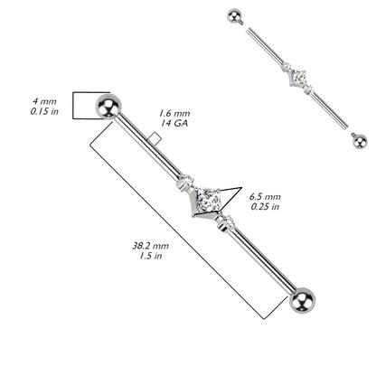 Double Round CZ Crystals and Square Crystal Center Internally Threaded Industrial Barbell - G23 Implant Grade Titanium