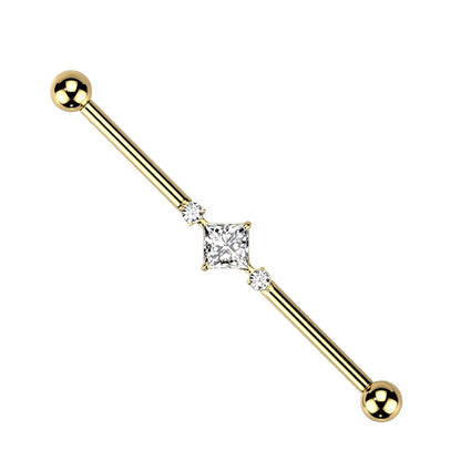 Double Round CZ Crystals and Square Crystal Center Internally Threaded Industrial Barbell - G23 Implant Grade Titanium