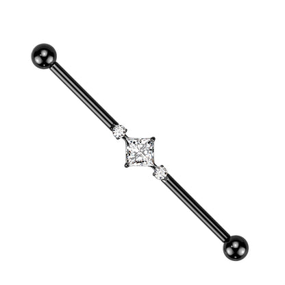 Double Round CZ Crystals and Square Crystal Center Internally Threaded Industrial Barbell - G23 Implant Grade Titanium