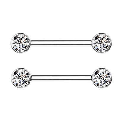 5/8" Internally Threaded Bezel Set Crystal Nipple Barbells - Implant Grade Titanium - Pair