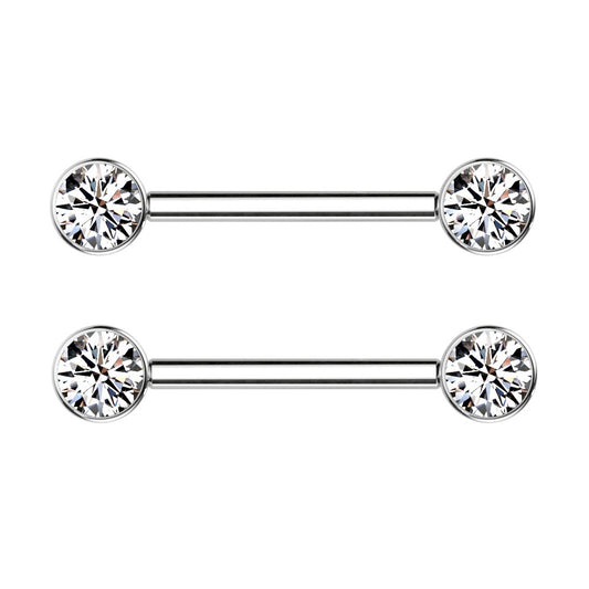 9/16" Internally Threaded Bezel Set Crystal Nipple Barbells - Implant Grade Titanium - Pair