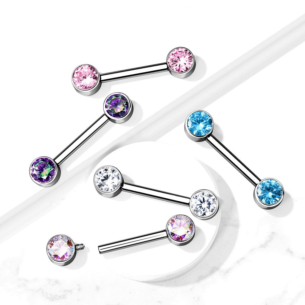 Internally Threaded Bezel Set Crystal Nipple Barbells - Implant Grade Titanium - Pair