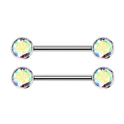 Internally Threaded Bezel Set Crystal Nipple Barbells - Implant Grade Titanium - Pair