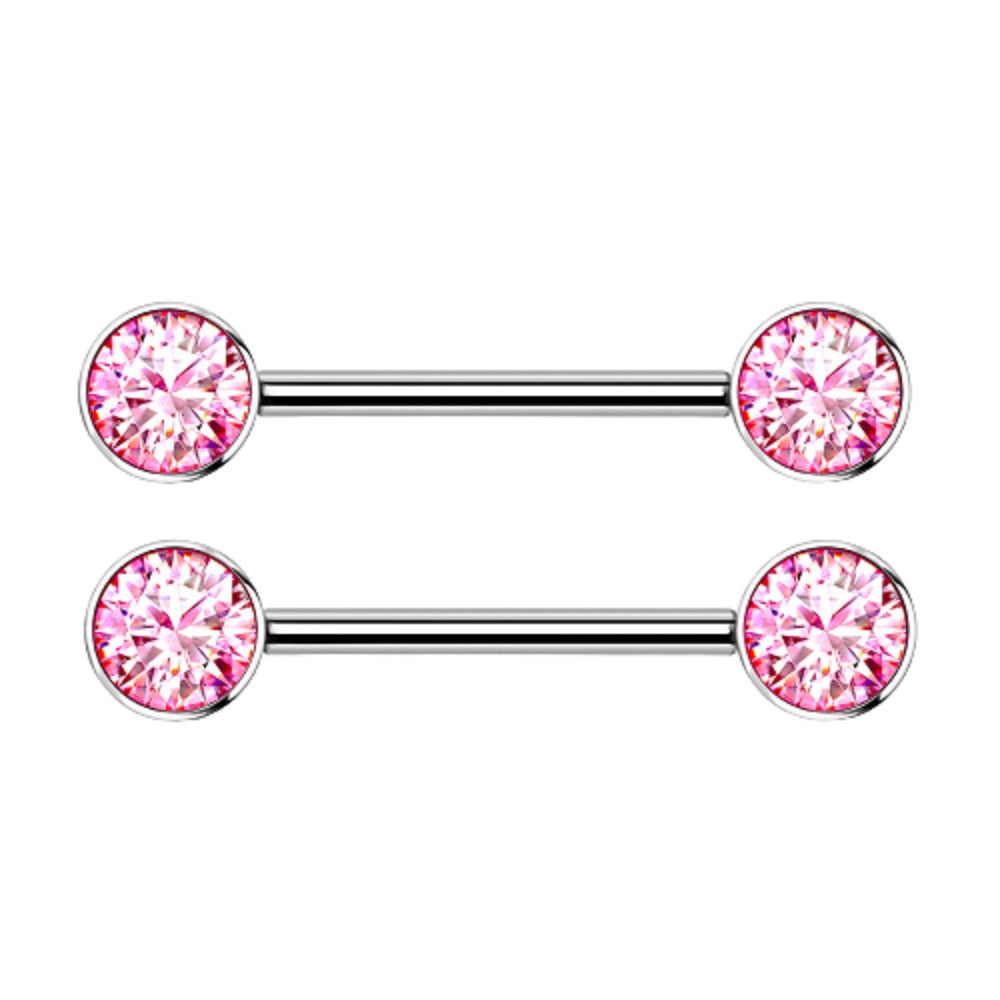 Internally Threaded Bezel Set Crystal Nipple Barbells - Implant Grade Titanium - Pair