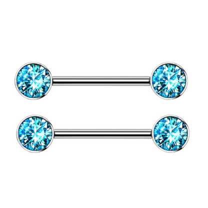 5/8" Internally Threaded Bezel Set Crystal Nipple Barbells - Implant Grade Titanium - Pair