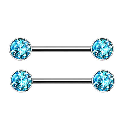 Internally Threaded Bezel Set Crystal Nipple Barbells - Implant Grade Titanium - Pair