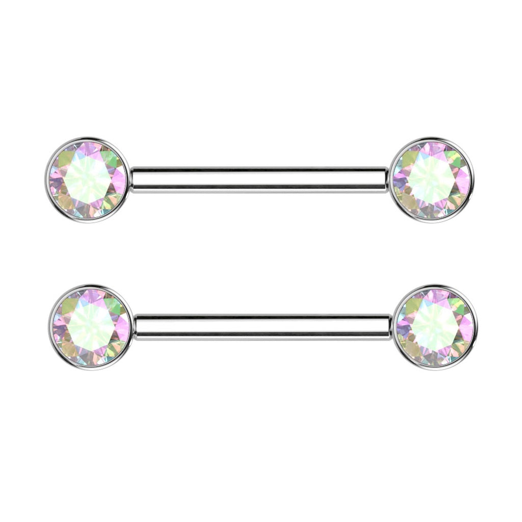 5/8" Internally Threaded Bezel Set Crystal Nipple Barbells - Implant Grade Titanium - Pair