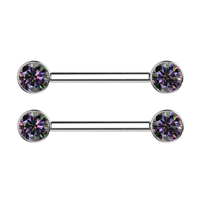 5/8" Internally Threaded Bezel Set Crystal Nipple Barbells - Implant Grade Titanium - Pair