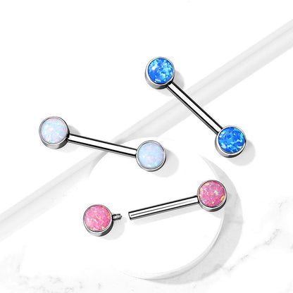 Internally Threaded Bezel Set Synthetic Opal Nipple Barbells - Implant Grade Titanium - Pair