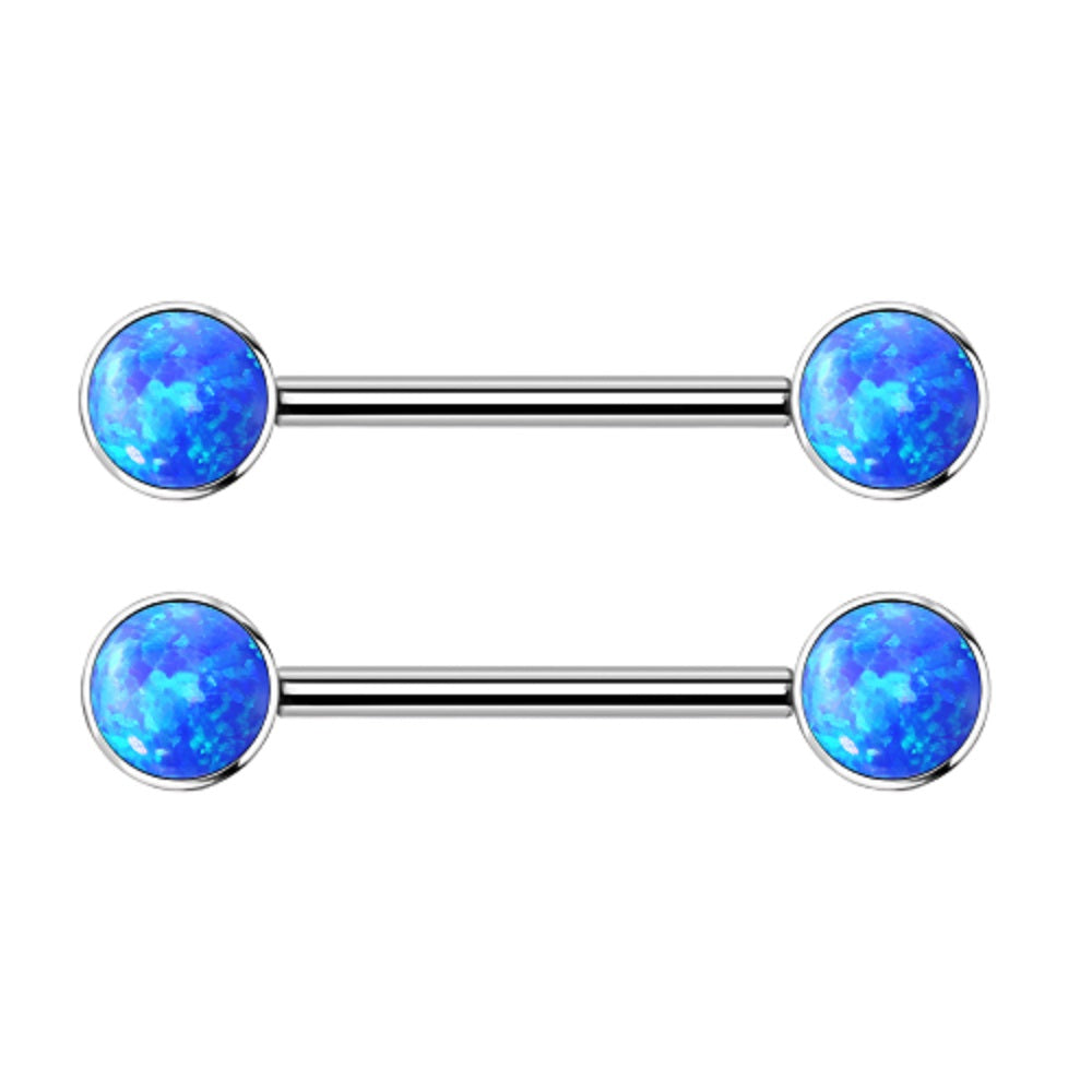 Internally Threaded Bezel Set Synthetic Opal Nipple Barbells - Implant Grade Titanium - Pair