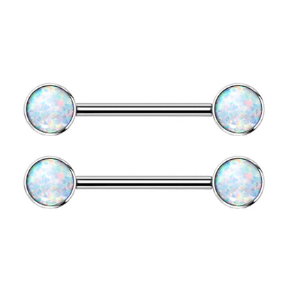 Internally Threaded Bezel Set Synthetic Opal Nipple Barbells - Implant Grade Titanium - Pair