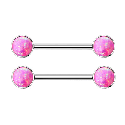 Internally Threaded Bezel Set Synthetic Opal Nipple Barbells - Implant Grade Titanium - Pair