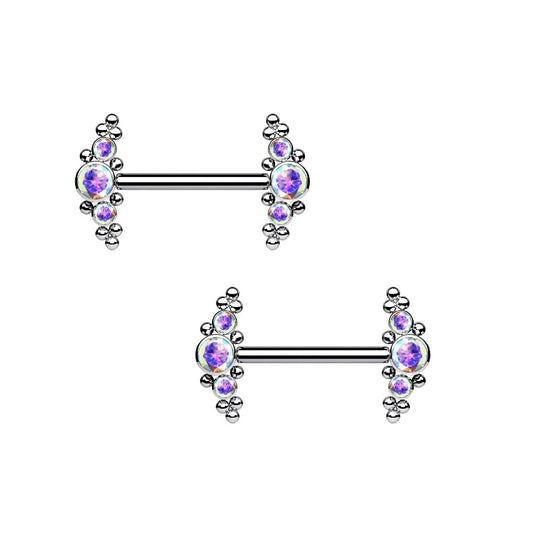 Internally Threaded Triple CZ Crystal and Ball Clusters Nipple Barbells - G23 Implant Grade Titanium - Pair