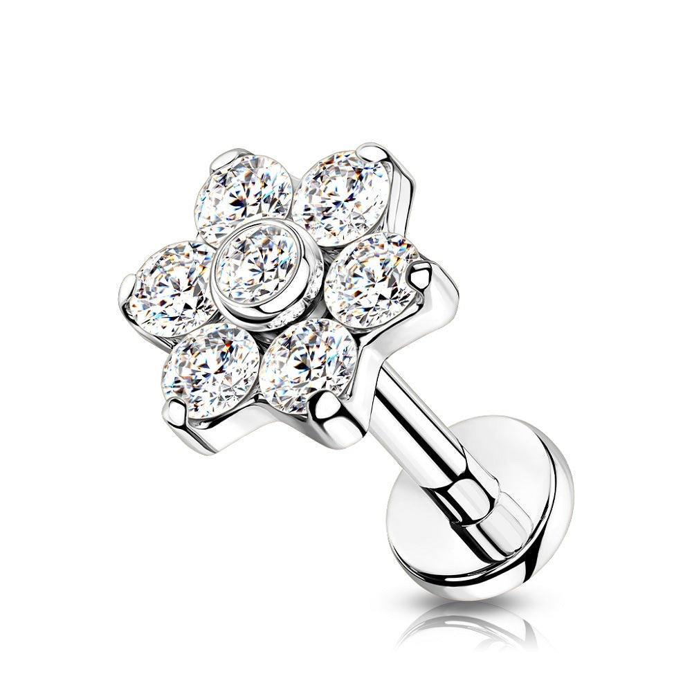 CZ Set Flower Top Implant Grade Internally Threaded Solid Flat Back Stud - G23 Implant Grade F-136 Titanium