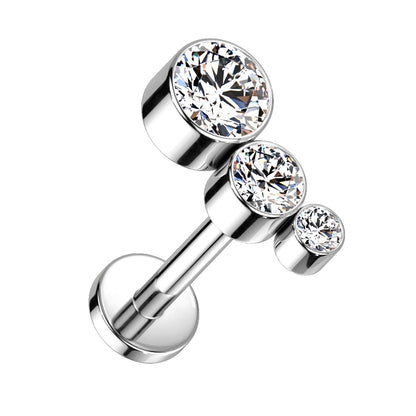 Descending Bezel Set Triple CZ Crystal Curved Internally Threaded Stud - G23 Implant Grade Titanium