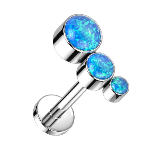 Descending Bezel Set Triple Opal Curved Internally Threaded Stud - G23 Implant Grade Titanium