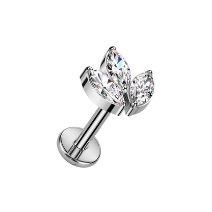 Internally Threaded CZ Crystal Marquise Top Flat Back Stud - F136 Implant Grade Titanium