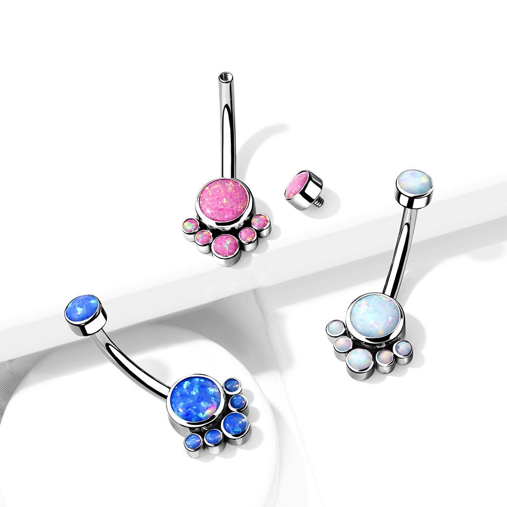 Internally Threaded Top Round Bezel Set Synthetic Opal Cluster Belly Button Ring - G23 Implant Grade Titanium