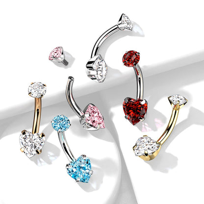 Prong Set CZ Crystal Heart Internally Threaded Belly Button Ring - G23 Implant Grade Titanium