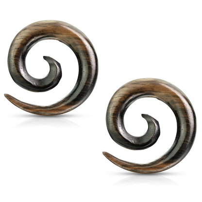 Striped Ebony Wood Spiral Tapered Plugs - Pair