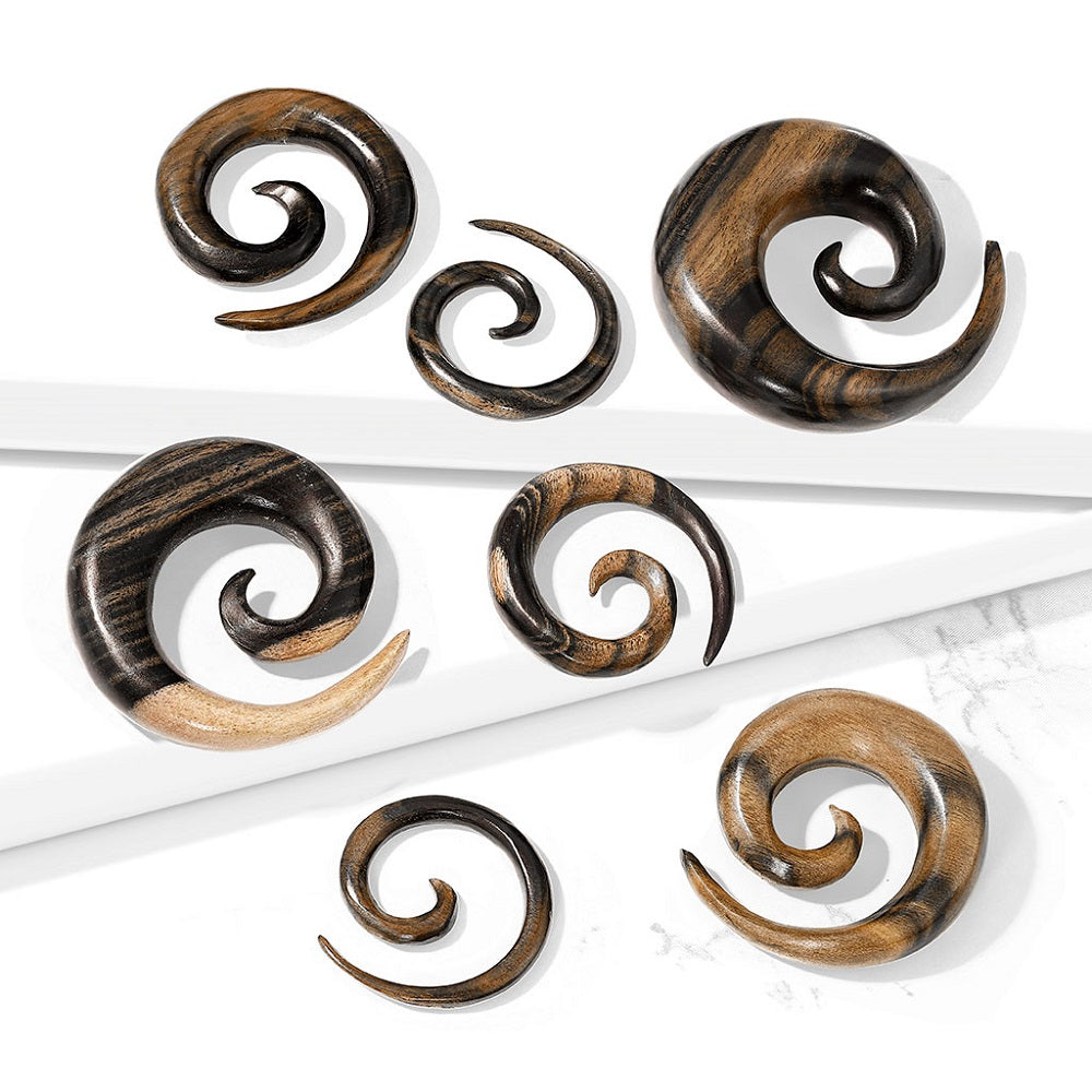 Striped Ebony Wood Spiral Tapered Plugs - Pair