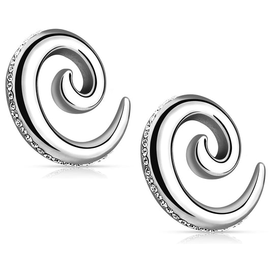 CZ Crystal Paved Spiral Taper Plugs - Stainless Steel - Pair