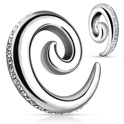 CZ Crystal Paved Spiral Taper Plugs - Stainless Steel - Pair