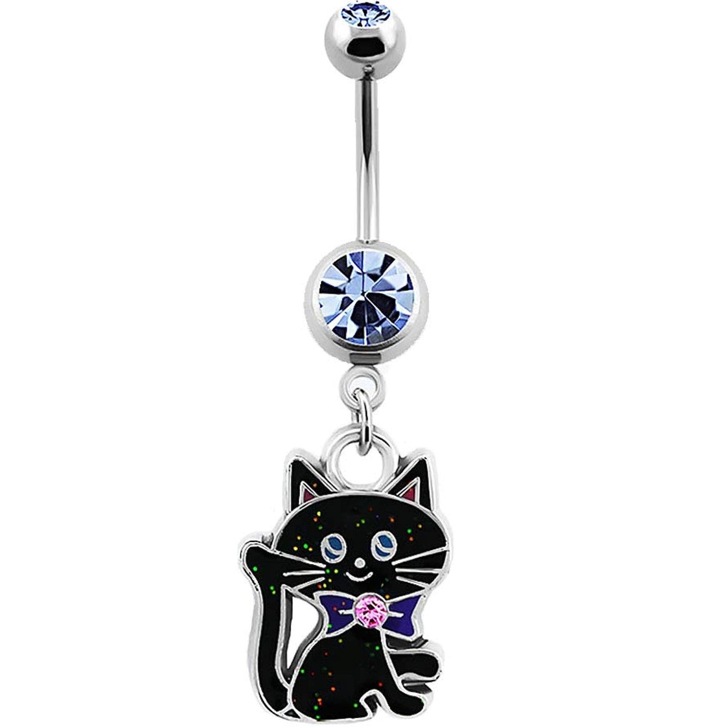 Black Cat with Crystal Ribbon Dangling Belly Button Ring - G23 Titanium