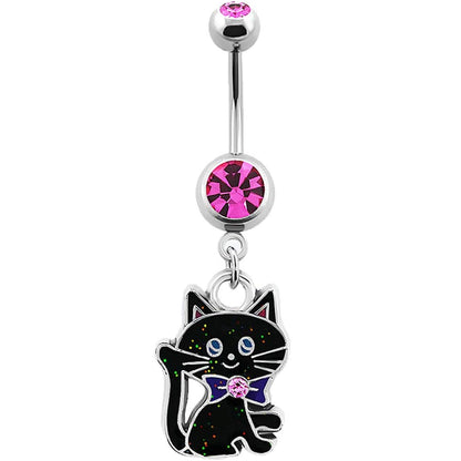 Black Cat with Crystal Ribbon Dangling Belly Button Ring - G23 Titanium