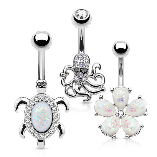 Set of 3 Nature Themed Belly Button Rings - Opal Flower, Crystal Paved Octopus, and Opal Center Turtle - 316L Stainless Steel