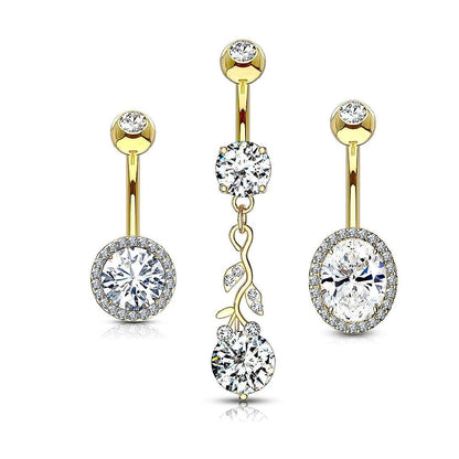 Set of 3 Assorted CZ Crystal Belly Button Rings - 316L Stainless Steel