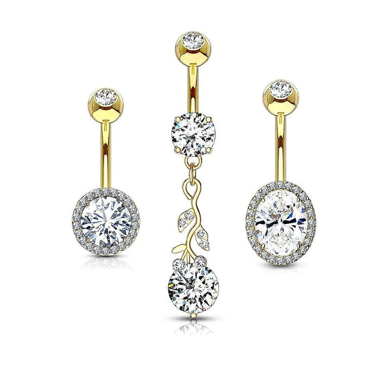 Set of 3 Assorted CZ Crystal Belly Button Rings - 316L Stainless Steel