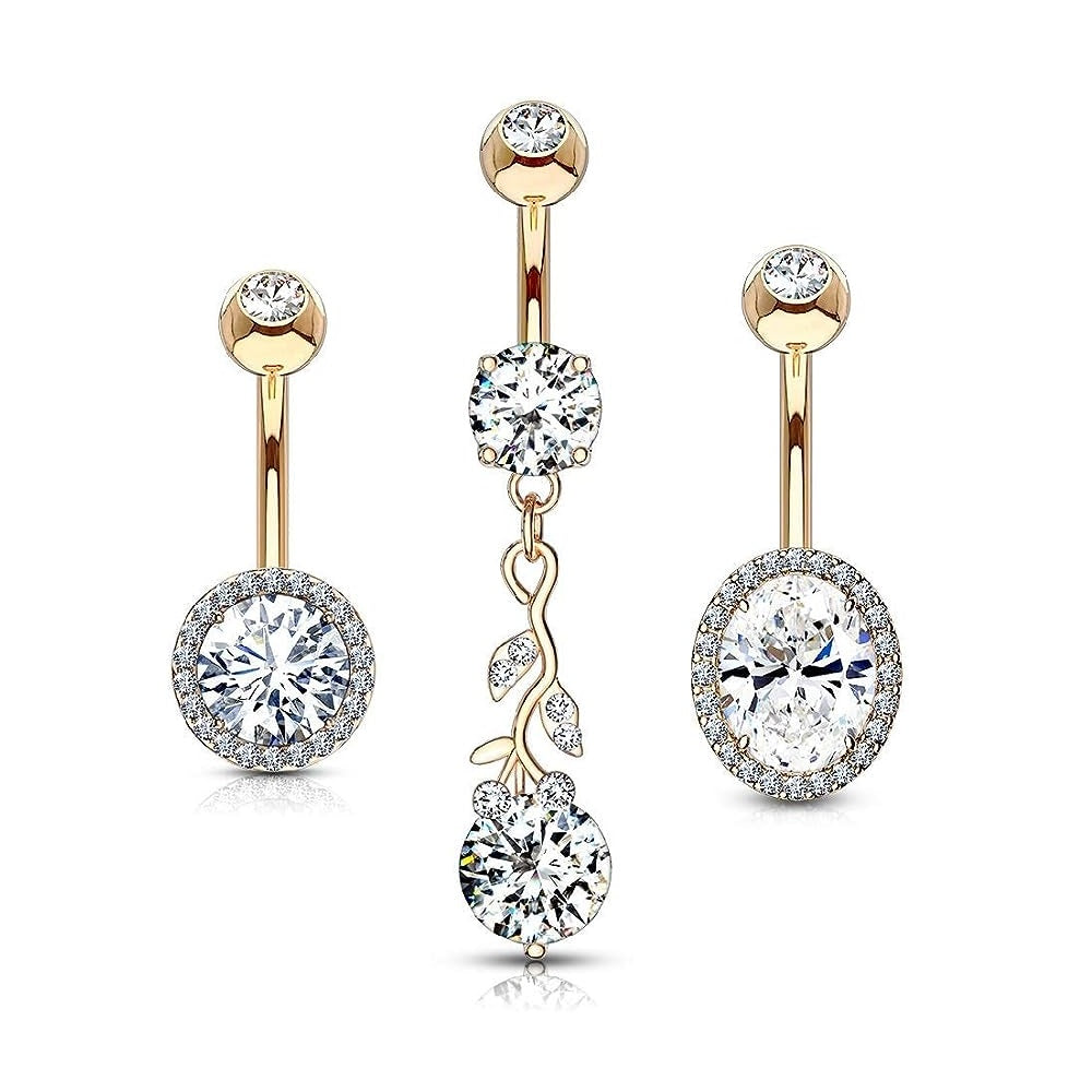 Set of 3 Assorted CZ Crystal Belly Button Rings - 316L Stainless Steel