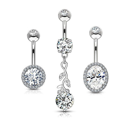Set of 3 Assorted CZ Crystal Belly Button Rings - 316L Stainless Steel