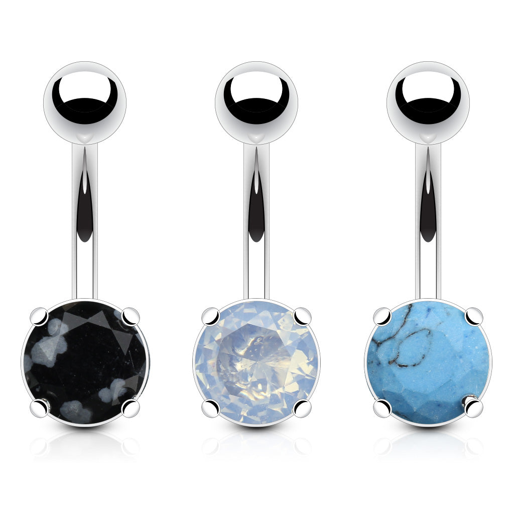 Set of 3 Semi Precious Stone Belly Button Rings, Includes Opalite, Snowflake Obsidian & Blue Turquoise - 316L Surgical Steel