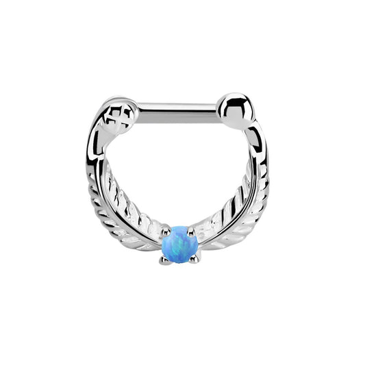 Synthetic Opal Ball Center Feather Septum Clicker Ring - Sterling Silver