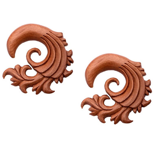 Hand Carved Red Saba Wood Filigree Wave Hangers - Pair