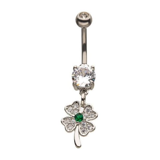 CZ Crystal Four Leaf Clover Dangling Belly Button Ring - Stainless Steel