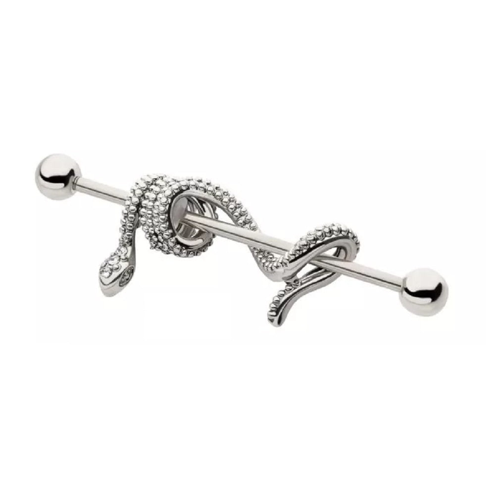 CZ Crystal Dangling Snake Industrial Barbell - 316L Stainless Steel