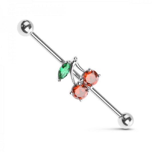 CZ Crystal Cherry Industrial Barbell - 316L Stainless Steel