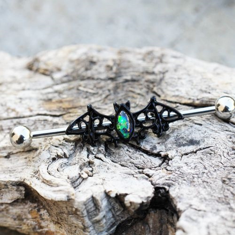 Filigree Winged Bat with Synthetic Green Opalite belly Industrial Cartilage Barbell - 316L Stainless Steel