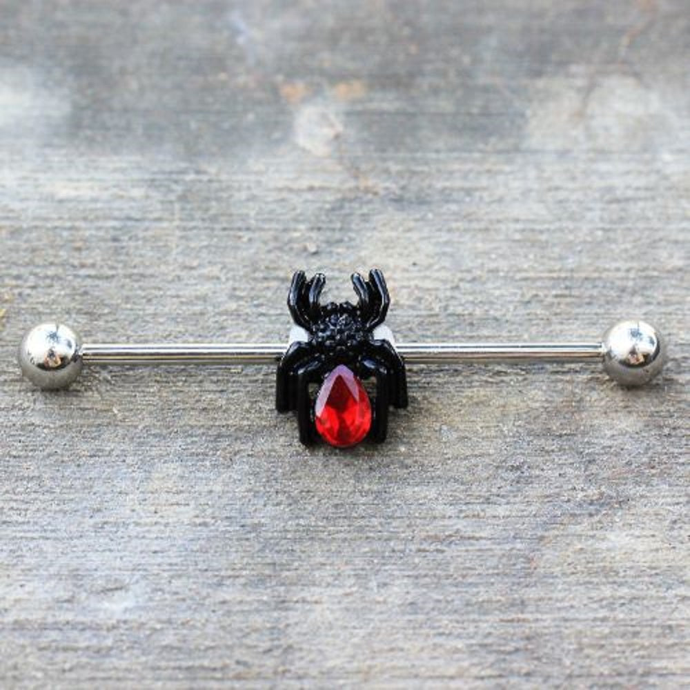 Black Spider with Red CZ Crystal Industrial Barbell - Stainless Steel