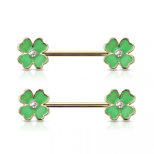 Gold Plated Green Clover Ends Nipple Barbells - 316L Stainless Steel - Pair