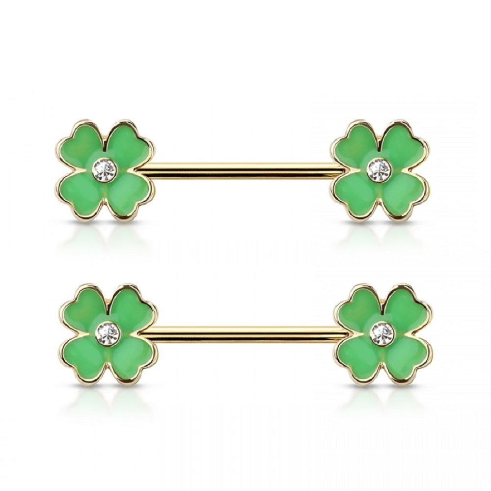 Gold Plated Green Clover Ends Nipple Barbells - 316L Stainless Steel - Pair