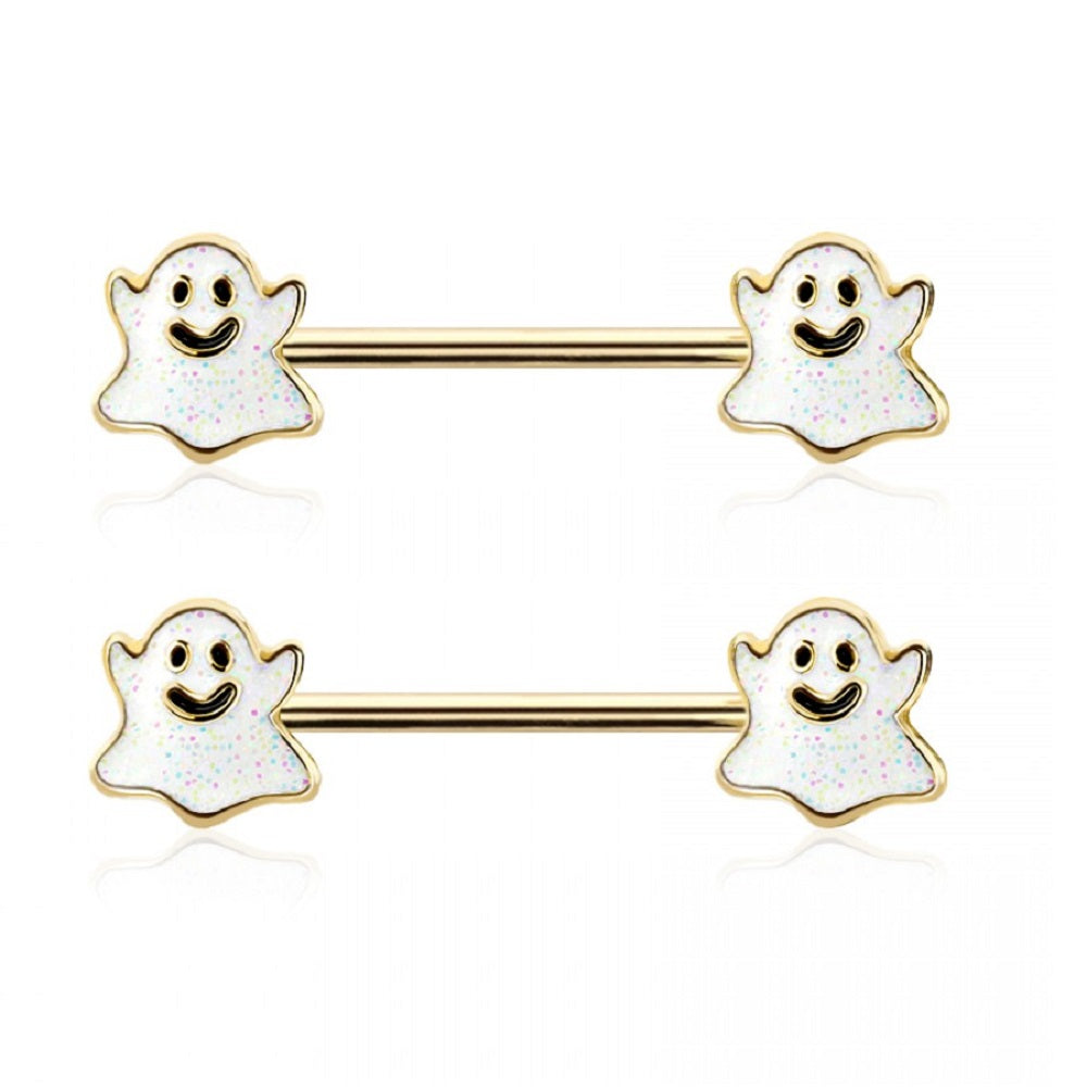 Happy Little Ghost Ends Barbell Nipple Rings - 316L Stainless Steel - Pair